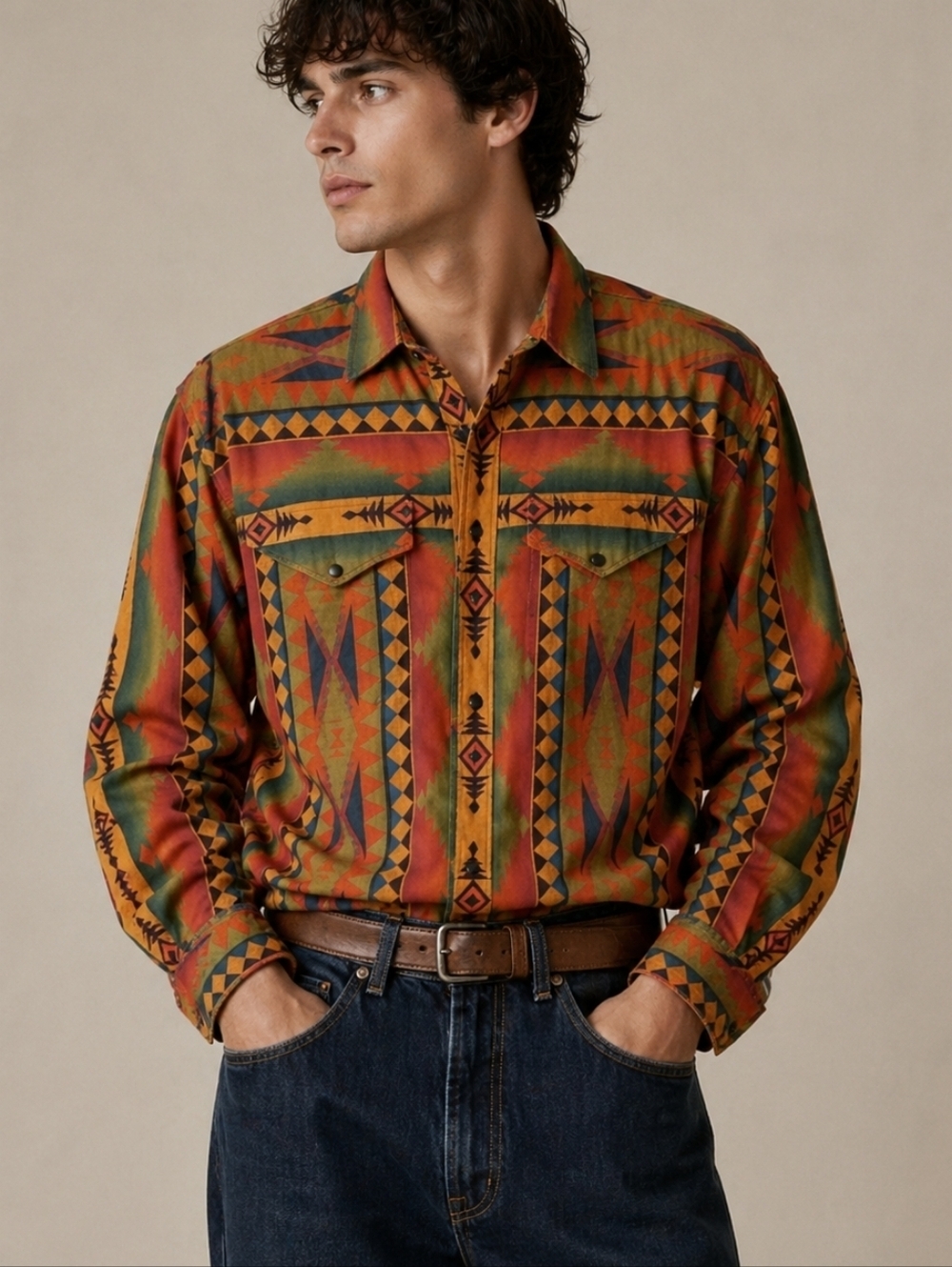 VTG HANDMADE 1980s Southwestern Aztec Western Cowboy Button Down Rodeo Shirt